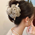 Large Chiffon Rose Flower Hair Claw Clips Boho Mesh Floral Hair Pins Barrettes Strong Hold Non-Slip Beach Vacation Hair Accessories for Women (Light Brown Large Chiffon Claw with Pearl) - color: Light Brown Large Chiffon Claw with Pearl