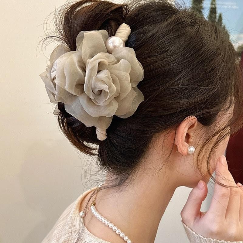 Large Chiffon Rose Flower Hair Claw Clips Boho Mesh Floral Hair Pins Barrettes Strong Hold Non-Slip Beach Vacation Hair Accessories for Women (Light Brown Large Chiffon Claw with Pearl) - color: Light Brown Large Chiffon Claw with Pearl