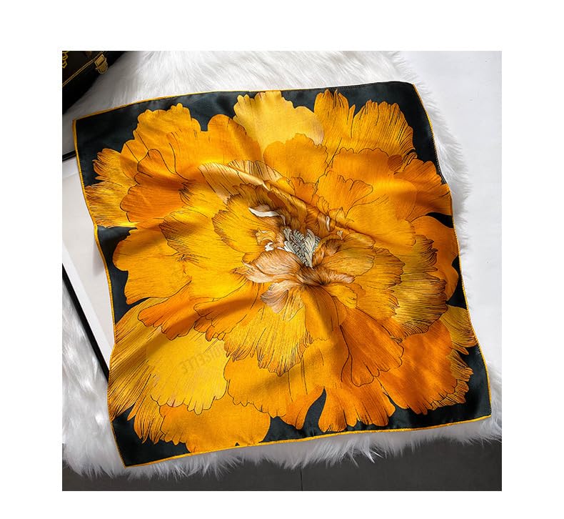 FEIBOON Mulberry Silk Scarfs Neck Scarf 21" Small Square Scarfs hair scarf bandana Neckerchief Headscarf for Women - color: Black and Orange Flowers