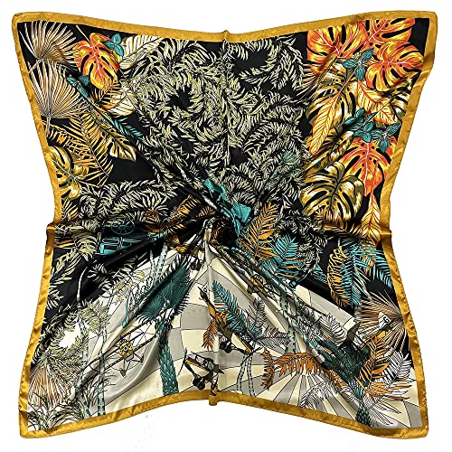 Julunar Silk Like Head Scarf for Women - Satin Large Hair Scarves - 35" Square Silk Hair Wrap for Sleeping with Gift Packed - color: A000-1 Leaves Orange
