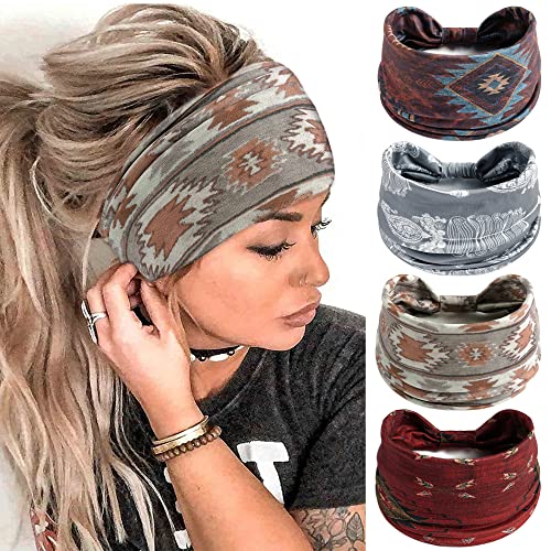 FULZTEY Boho Headbands for Women Vintage Elastic Fabric Printed Hair Bands Workout Wide Knot Sweatbands Soft Cotton Headwraps Yoga Running Hair Accessories for Women Girls 4Pcs - color: Style 4