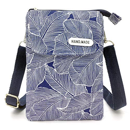 Roomy Cell Phone Purse Wallet Canvas Small Crossbody Purse Bags with Shoulder Strap For Women teen girlsl | Roomy - color: A-blue Leaves