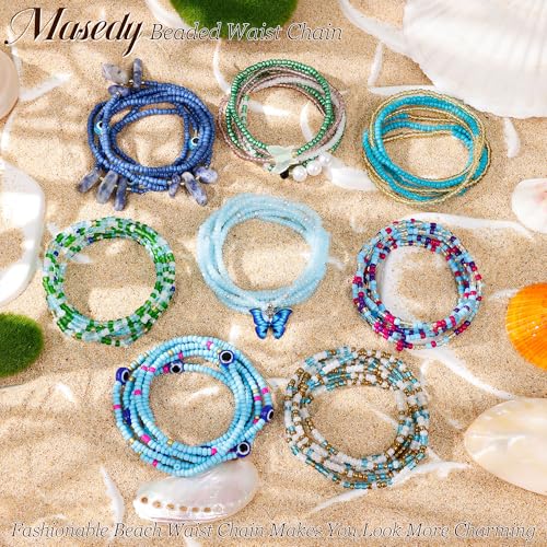 8PCS African Waist Bead Chains for Women Layered Belly Body Chain Handmade Plus Size Beaded Belly Chain Colorful Elastic Flower Butterfly Body Chains Summer Beach Bikini Body Jewelry 31-45in - style: Set C