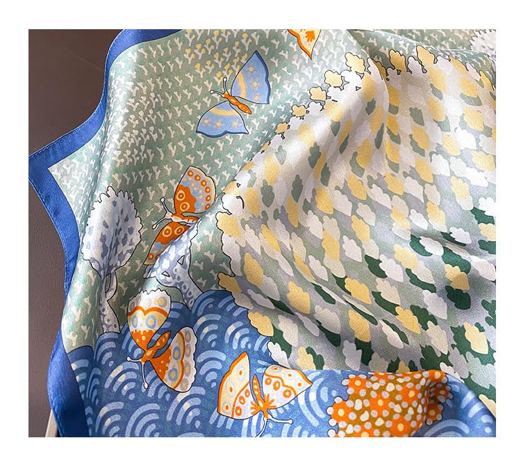 FEIBOON Mulberry Silk Scarfs Neck Scarf 21" Small Square Scarfs hair scarf bandana Neckerchief Headscarf for Women - color: Blue Yellow Green Trees