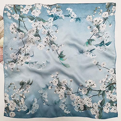 FONYVE 100% Mulberry Silk Scarfs for Women-Lightweight Square Satin Head Scarf-Small Silk Hair Scarf for Sleeping 21"x21" - color: 23 Flowers Blue