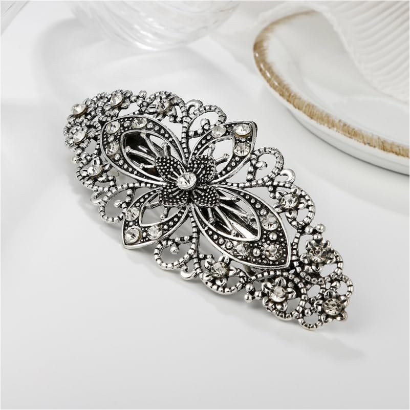 FRCOLOR 2Pcs Vintage Floral Hair Clips for Women Rhinestone Hair Barrettes for Styling Ponytails Updos Decorative Metal Accessories