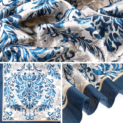 Pistha Head Scarf Bandana for Women, Satin Scarf for Hair, Large Square Silk Bandana Headscarf for Women and Men 35 Inch - style: Flower-blue