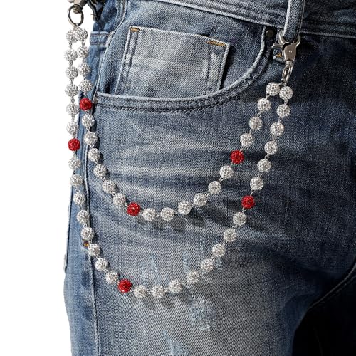 Rhinestone Ball Jeans Chain, Double Layer Crystal Waist Chain, Silver & Blue Sparkly Bling Pants Chain, Hip Hop Belt Chain Accessories for Women Men, Y2K Punk Aesthetic for Party, Festival, Everyday Wear - color: red