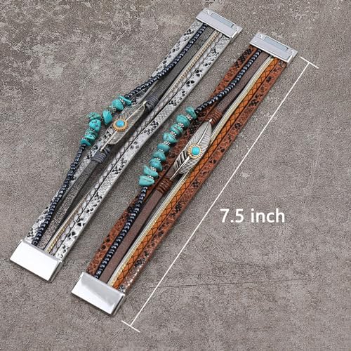 Turquoise Bracelet for Women, Boho Multilayer Leather Bracelet with Feather and Magnetic Clasp, Western Turquoise Jewelry - color: Brown