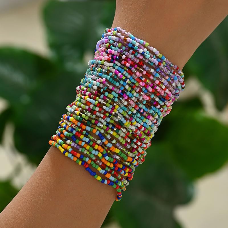 30Pcs Elastic Beaded Bracelets Set Bohemia Multilayer Stackable Seed Beaded Stretch Bracelet Anket Colorful Crystal Glass Beads Wristbands for Women Summer Beach Boho Jewelry Gifts - color: Multi