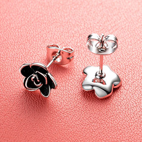 AllenCOCO Rose Flower Stud Earrings for Women Sensitive Ears, Hypoallergenic Cute Gold And Silver Rose Flower Earrings Studs for Women Nickel Free - color: Black flower/White gold, size: 0.35