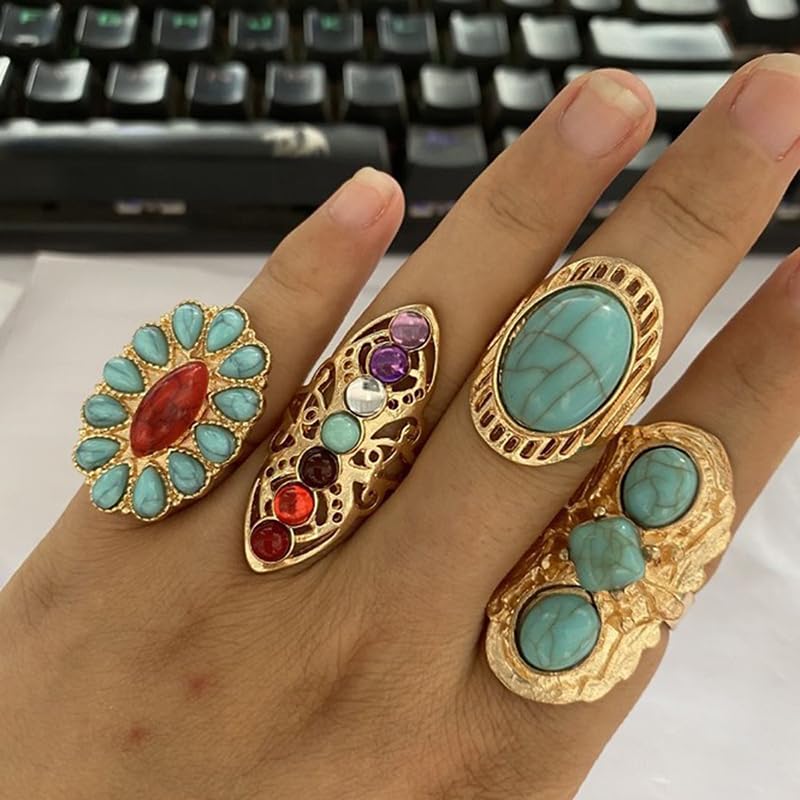 Bohemian Turquoise Ring for Women Chunky Gold Flower Statement Rings Vintage Round Turquoises Stackable Knuckle Ring Set for Women Western Jewelry - style: Turquoise ring-4Pcs