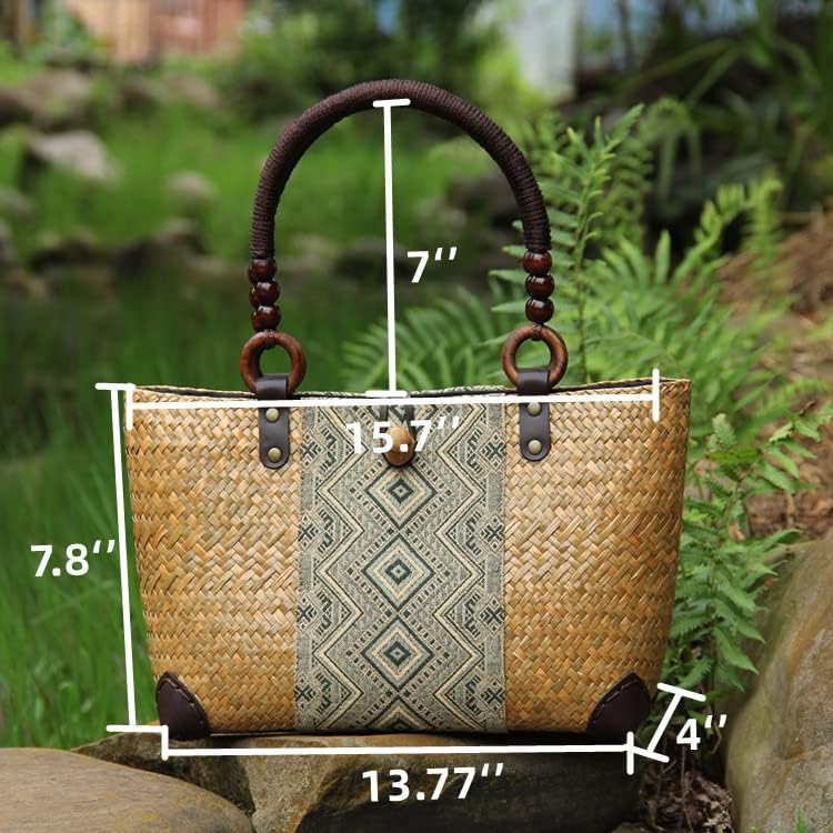 Straw Bag for Women, Summer Beach Handmade Rattan Tote Bag, Boho Retro Straw Woven Handbag, Large Beach Vacation Bag (Natural)