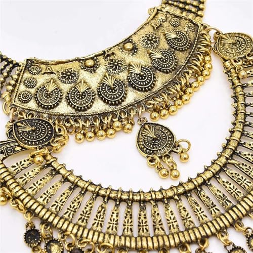 Vintage Gold Gypsy Bib Necklace, Multi-Layer Moon Pendant with Long Tassel, Afghan Ethnic Choker