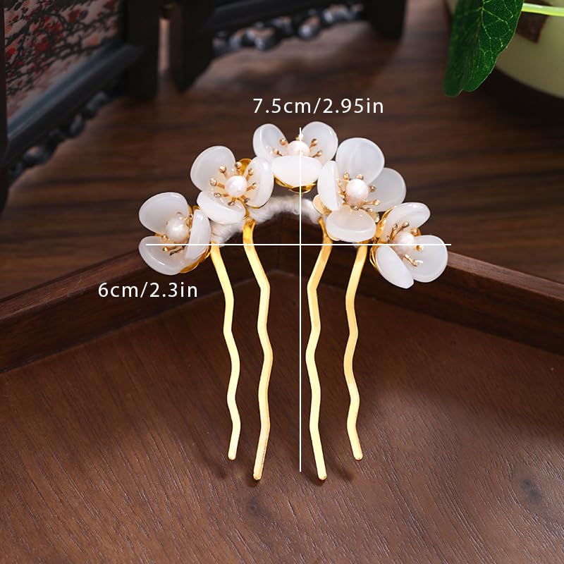 2pcs Retro Chinese Hanfu Wedding Brides Hair Accessories, Camellia Flower Tassels Hairpin, Crystal Rhinestone Pearl Hair Clips Headpiece, White - color: 2 white
