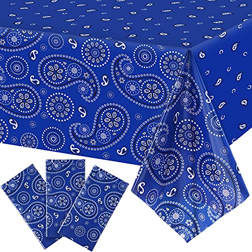Western Party Tablecloth Paisley Table Cover Bandana Plastic Table Cloth Rectangle Floral Tablecloth for Western Cowboy Themed Party Decorations, 108 X 54 Inches (Blue, 3 Pack) - color: Blue