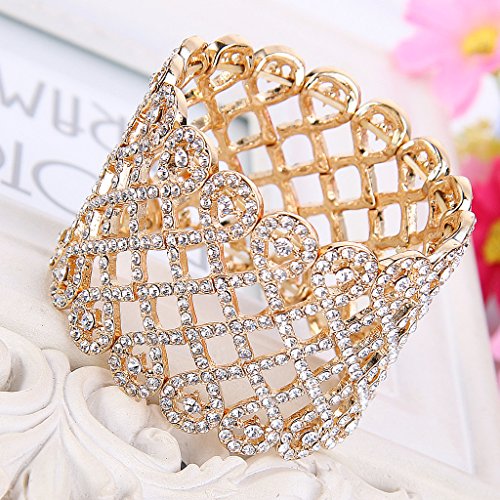 EVER FAITH Art Deco Love Knot Wide Stretch Bridal Bracelet Austrian Crystal - color: Clear Gold-Tone