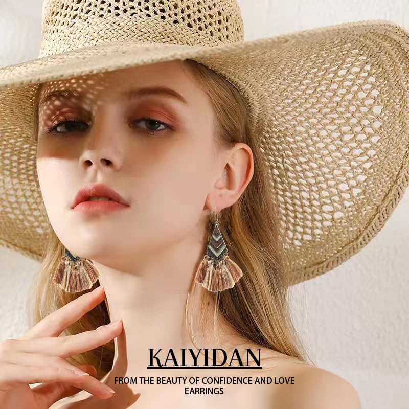 Silver/Gold Boho Dangle Statement Earrings for Women Trendy,Handmade Vintage Dainty Cute Long Drop Summer Earrings,fashion Accessories Jewelry Gifts - color: A16 brown tassels geometric shaped enamel