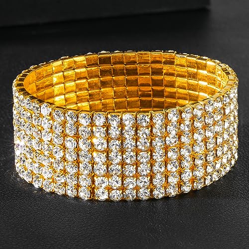 Zealmer Sparkle Multicolor Rhinestone Stackable Stretch Bracelets for Women - color: 7 Row Gold Bracelet