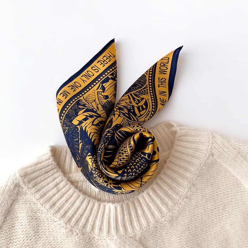 MEISEE 100% Pure Mulberry Silk Scarf 21" Square Scarf Neckerchief Headscarf Breathable Lightweight for Women Gift Packed - color: Golden + Dark Blue Silhouette