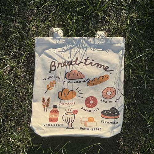 Canvas Tote Bag with Zipper for Women, Aesthetic Tote Bag with Pocket for Vacation, Shopping, Travel, Beach - style: Bread Time