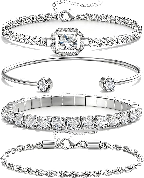 Alegend Titanium Steel (Not Rust, Resist Corruption, Easily Clean) 18K Gold Plated Single Bracelets + 14K Gold Plated Stackable Multilayer Bracelets - style: 14KSilver + 4PCS A