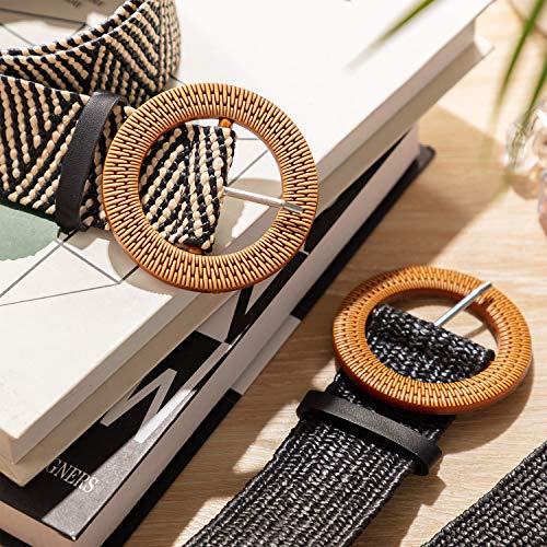 2 Pieces Women Straw Woven Elastic Stretch Waist Belt Skinny Dress Braided Waist Belt with Wooden Style Buckle - color: Black and Stripe Color