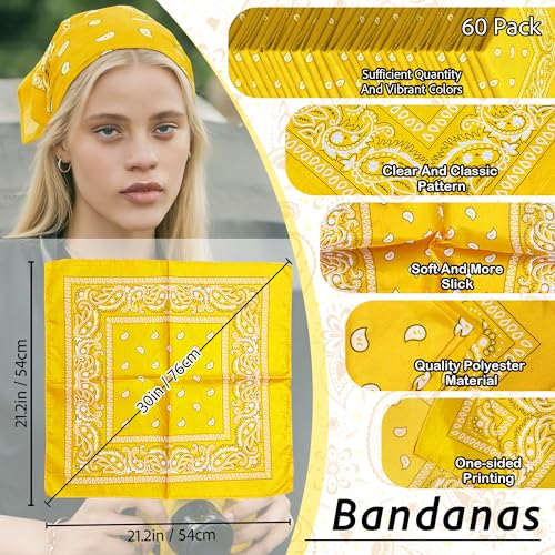ILHSTY 60 Pcs Women Men Paisley Bandanas Bulk Unisex Bandanas Head Cowboy Scarf Necktie handkerchief Party Supplies - color: Golden Yellow