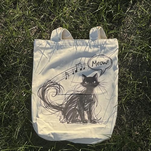 Canvas Tote Bag with Zipper for Women, Aesthetic Tote Bag with Pocket for Vacation, Shopping, Travel, Beach - style: Cat Music-02