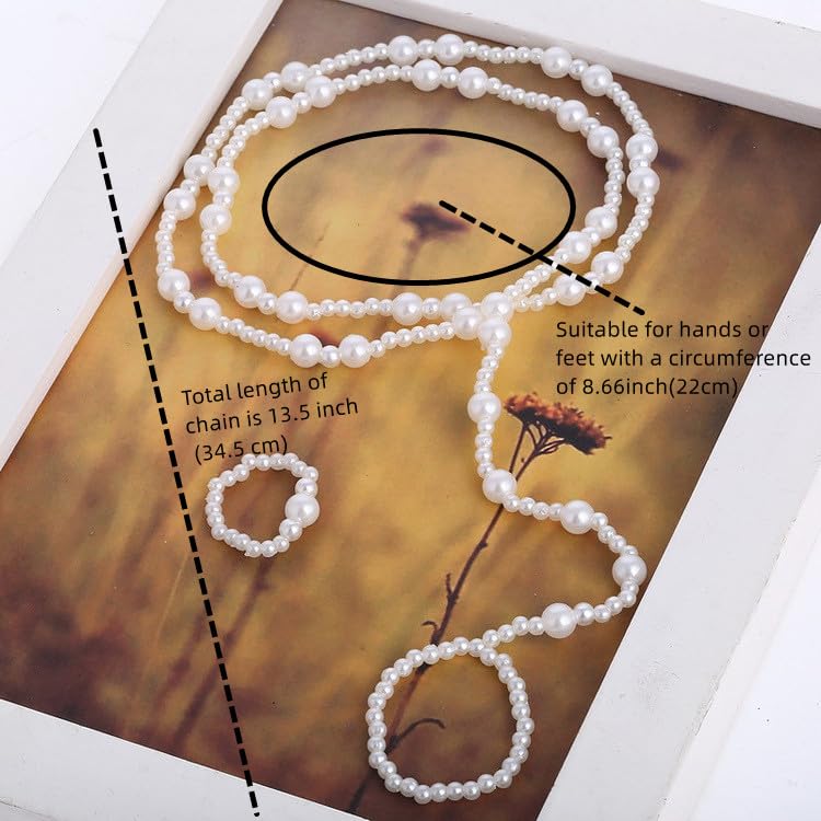 BeeSpring Pearl Anklet Barefoot Jewelry Sandals Beach Chain Toe Wedding Ankle Bracelet Elastic Hand and Foot Chain for Women (2 Sets)