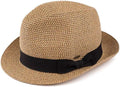 Funky Junque Straw Fedora Hats for Women - UPF 50+ Sun Hat, Short Brim Packable Beach Hat with Woven Pattern - color: Brown/Natural Mix W/ Black Band