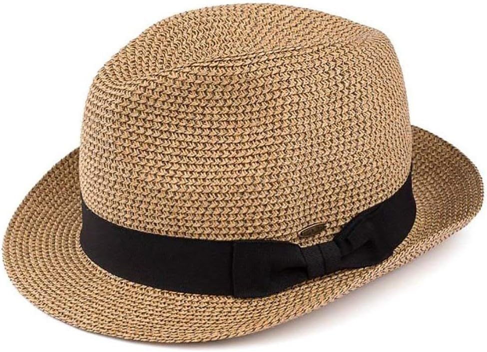 Funky Junque Straw Fedora Hats for Women - UPF 50+ Sun Hat, Short Brim Packable Beach Hat with Woven Pattern - color: Brown/Natural Mix W/ Black Band