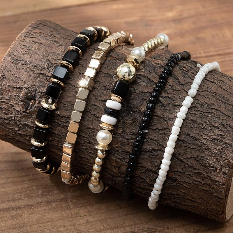 COLORFUL BLING 5Pcs/Set Bohemian Stackable Beads Bracelet for Women Multilayer Boho Seed Statement Stretch Strand Bracelet Friendship Women Jewelry - color: light blue