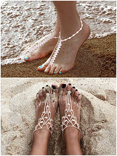 Hicarer 6 Pcs Foot Jewelry Barefoot Sandals for Women Rhinestone Bohemian Foot Ankle Chains for Beach Wedding - style: Rhinestone Faux Pearl Leaf Style