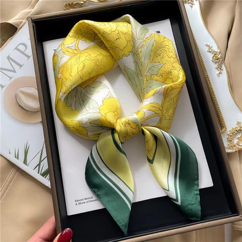 Stlvoll 27.5" Silk Neck Scarf of Women's Fashion Head Scarf Square Neck Satin Scarfs for Bag Hair Scarves Gift - color: Flower/Yellow/Green/Beige