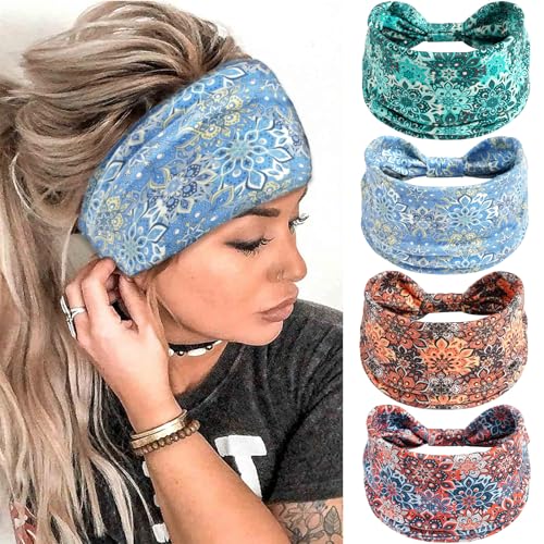 Boho Headbands for Women Vintage Floral Pattern Knotted Hair Bands Elastic Non-Slip Soft Sweat Head Bands African Sports Yoga Turban Headband Hair Accessories (Pack of 4) - color: Color-5