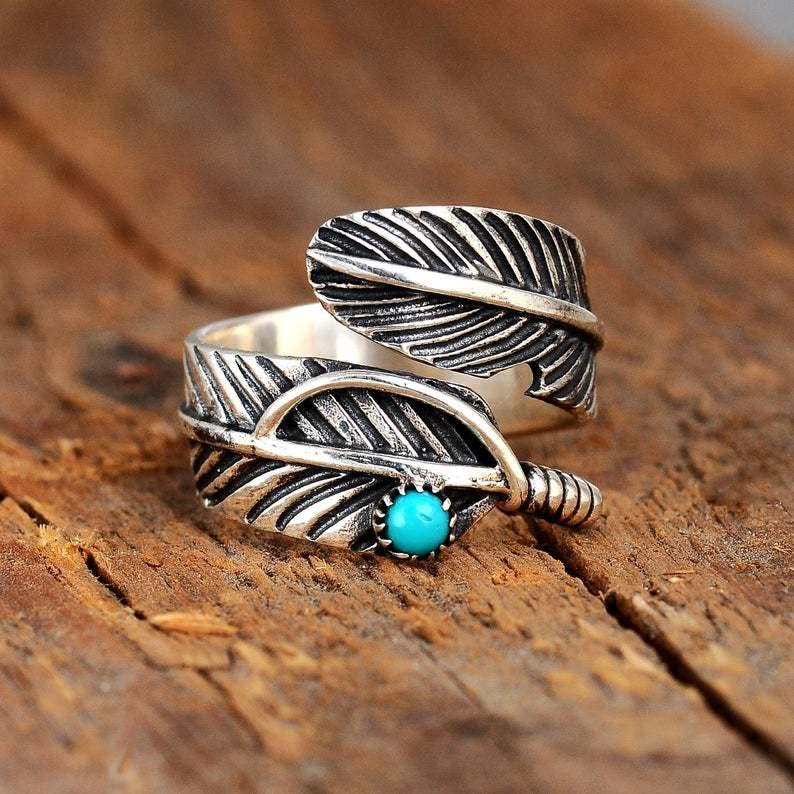 Retro Angel Wing Ring Adjustable Feather Silver Gold Antique Jewelry for Women Men Dainty Wrap Open Thumb Rings for Women Open Punk Birthday Gift Friendship - style: TurquoiseFeather