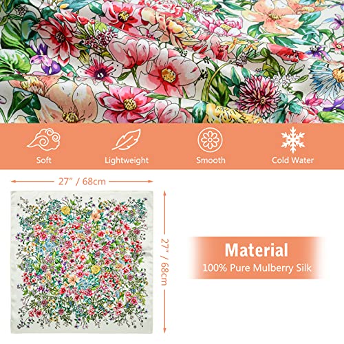 Stlvoll 100% Silk Head Scarf for Women - 27" Hair Scarves Satin Bandanas Square for Night Sleeping with Gift Packed - color: White/Flower