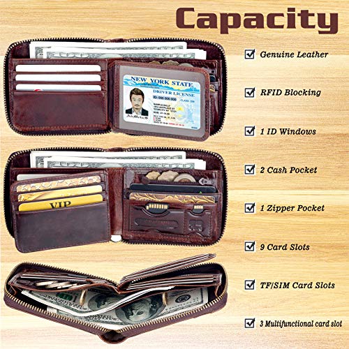 Admetus Mens RFID Blocking Wallets Zipper Leather Wallet for Men Bifold RFID Card Holder - color: Brown-23