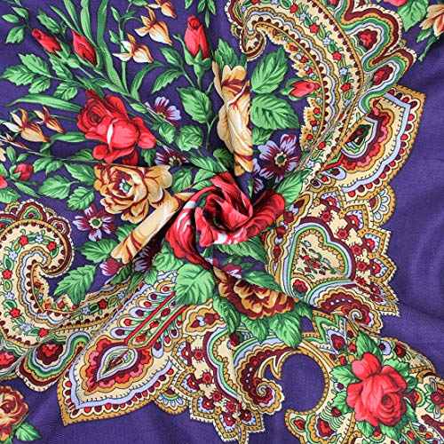 Gudessly Women's Traditional Scarf Wrap Tassel Fringes Neck Head Shawl Retro Scarf Floral Poncho Printing Square Cape 50inch - color: Dark Violet