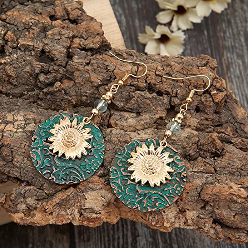 Boho Teardrop Earrings, Handmade Copper Bohemian Earrings, Dangle Antique Ethnic Jewelry for Women - color: Sunflower
