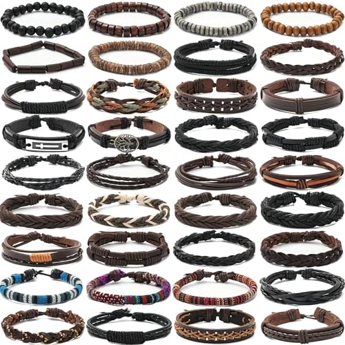 36Pcs Braided Leather Bracelets for Men Women Wrap Wood Beads Cuff Bracelet Hemp Cords Ethnic Tribal Handmade Wrap Wristband Bracelets Set Adjustable