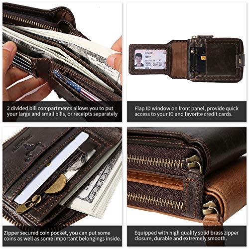 MING CLAN Leather RFID Blocking Bifold Wallet For Men With Zipper, Flap ID Window Zip Coin Pocket, Big Capacity Credit Card Holder For Travel - color: Coffee