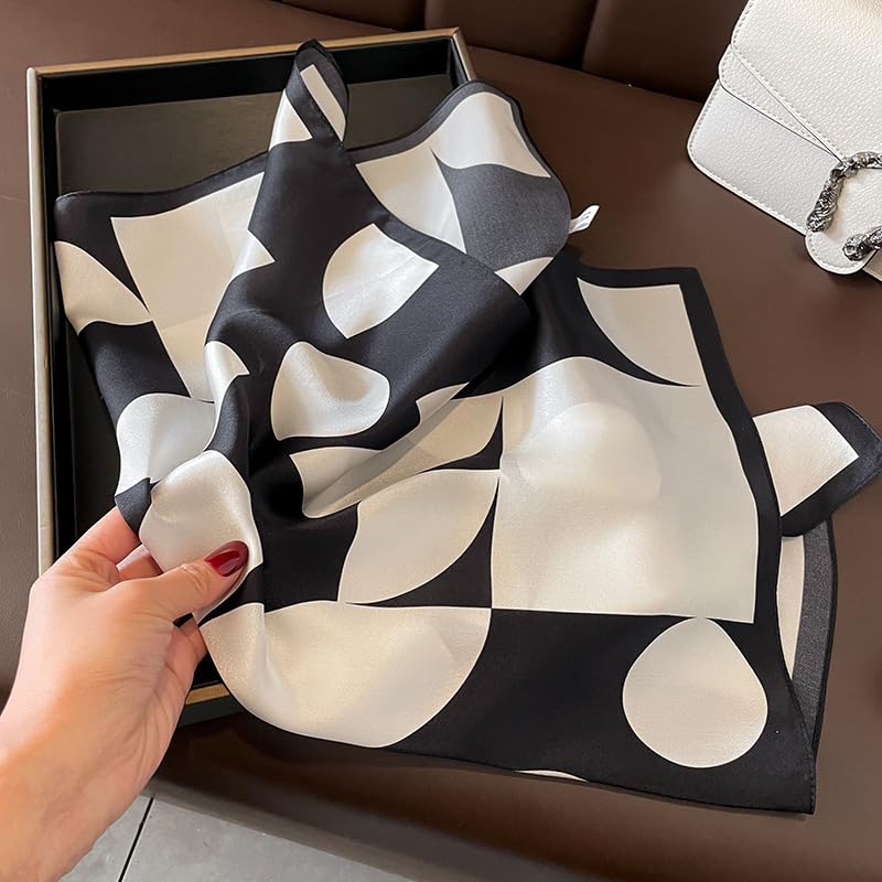 FEIBOON Mulberry Silk Scarfs Neck Scarf 21" Small Square Scarfs hair scarf bandana Neckerchief Headscarf for Women - color: Black and White Geometric