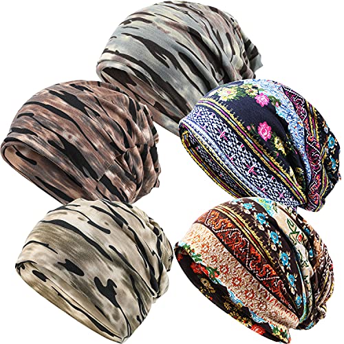 SATINIOR 5 Pieces Women's Slouchy Beanie Chemo Hat Stretch Cancer Head Wraps Sleep Head Scarf for Cancer Patient - color: Multicolor, style: Chic Style