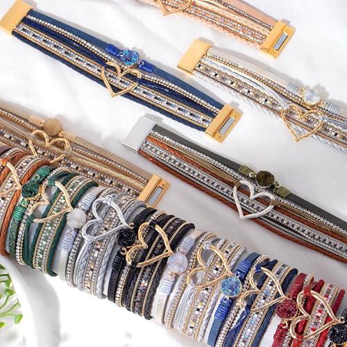 Long tiantian Leather Bracelets for Women Warp Bracelet Stackable Boho Layered Bracelet Chunky Heart Trendy Birthday Gifts for Her - color: B13:Green Leather Bracelets