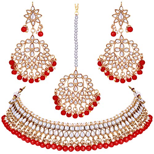 Aheli Faux Kundan Beaded Necklace Earrings Maang Tikka Indian Bollywood Ethnic Jewelry Set Gift for Women - color: Red & White