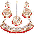Aheli Faux Kundan Beaded Necklace Earrings Maang Tikka Indian Bollywood Ethnic Jewelry Set Gift for Women - color: Red & White