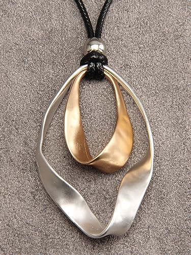 Bohemian Women's Leather Long Pendant Necklace Sweater necklace Adjustable Retro Woven Handmade Jewelry - color: Silver Outer Ring