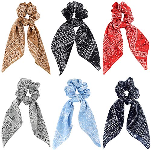 Hair Scarf Ties Ponytail with 6PCS Scarf-Scrunchies, Paisley Flower Printing, Chiffon Material, for Women Girls, Hair Accessories - color: MO10A